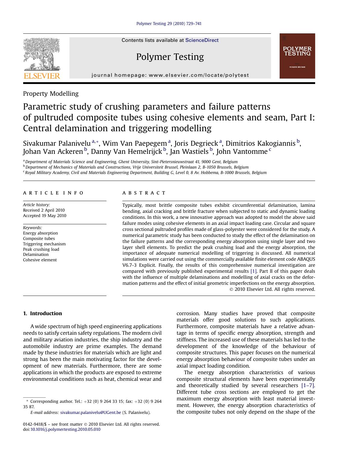 Parametric study of crushing parameters and failure patterns of pultruded composite tubes using cohesive elements and seam, Part I: Central delamination and triggering modelling by unknow
