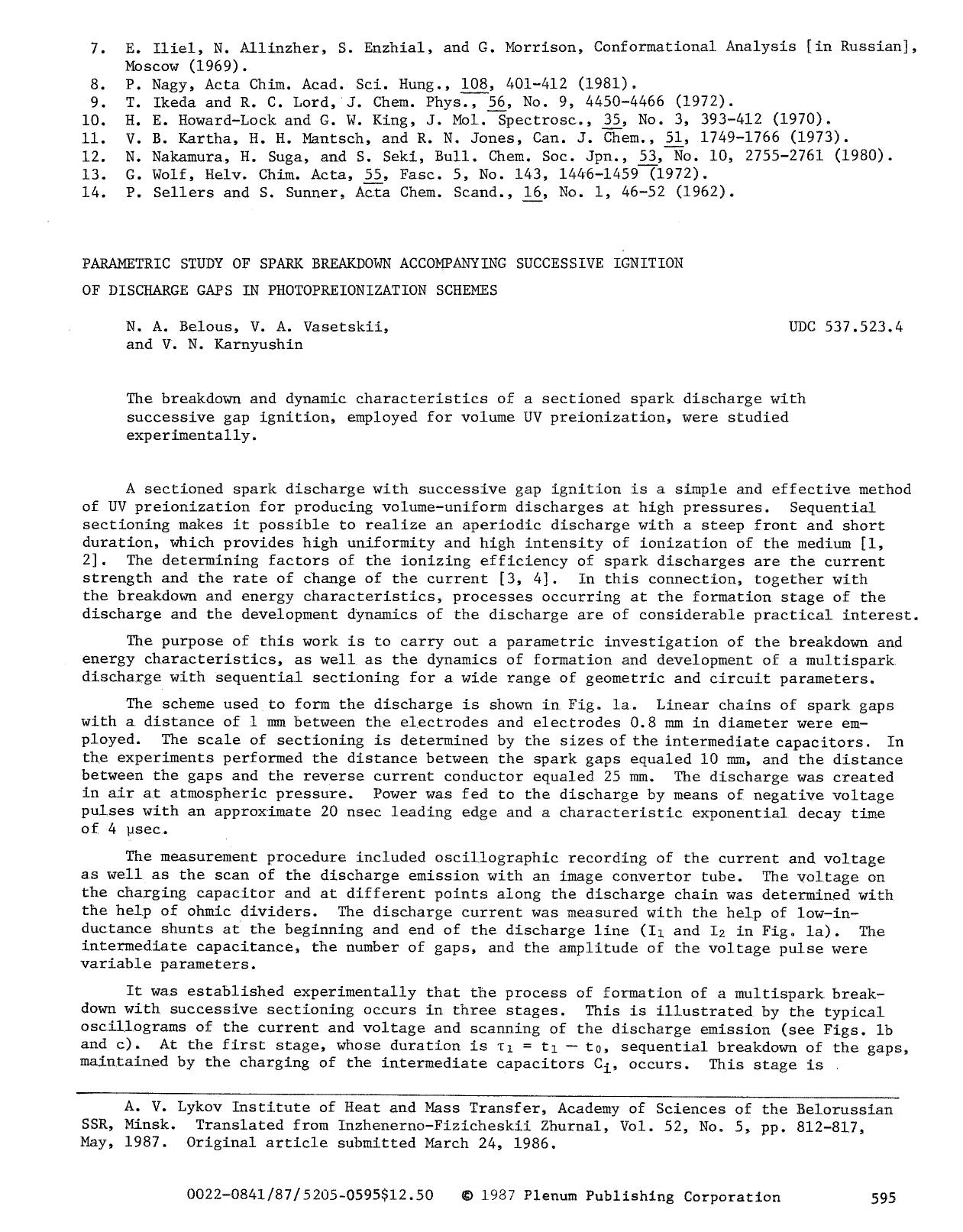 Parametric study of spark breakdown accompanying successive ignition of discharge gaps in photopreionization schemes by Unknown