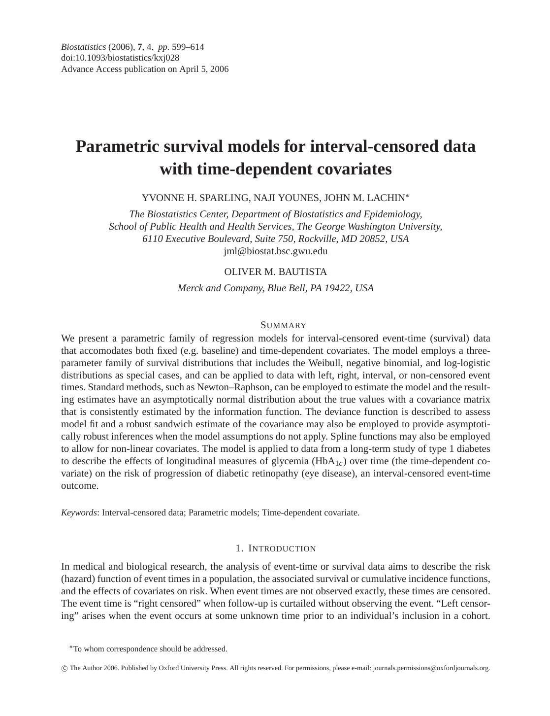 Parametric survival models for interval-censored data with time-dependent covariates by Sparking Y.H