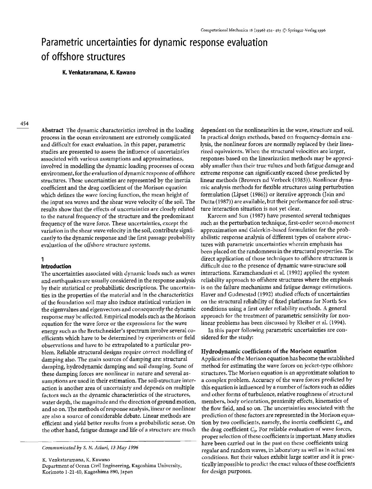 Parametric uncertainties for dynamic response evaluation of offshore structures by Unknown