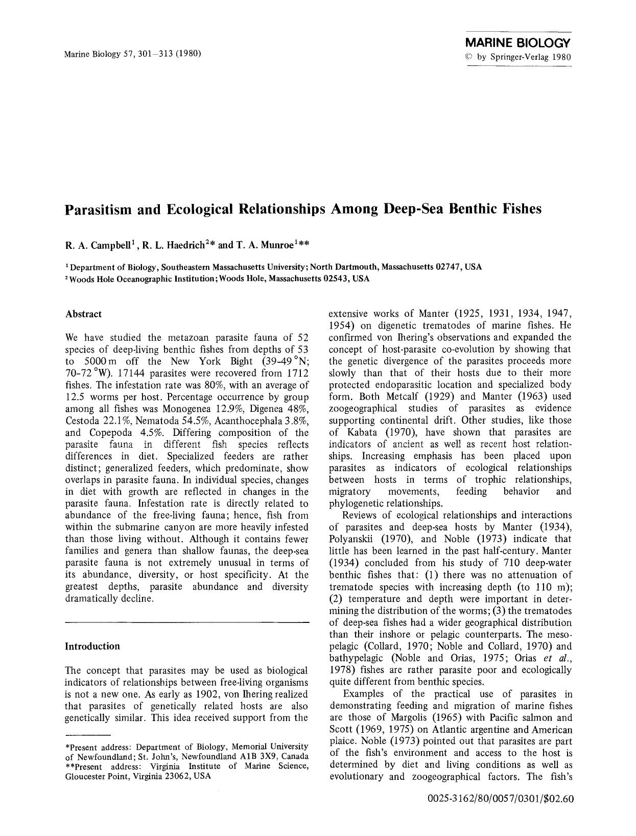 Parasitism and ecological relationships among deep-sea benthic fishes by Unknown