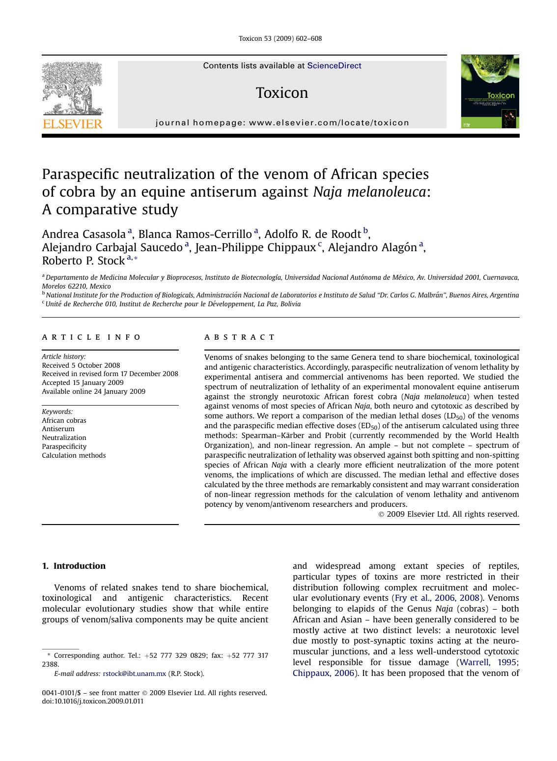Paraspecific neutralization of the venom of African species of cobra by an equine antiserum against Naja melanoleuca: A comparative study by unknow