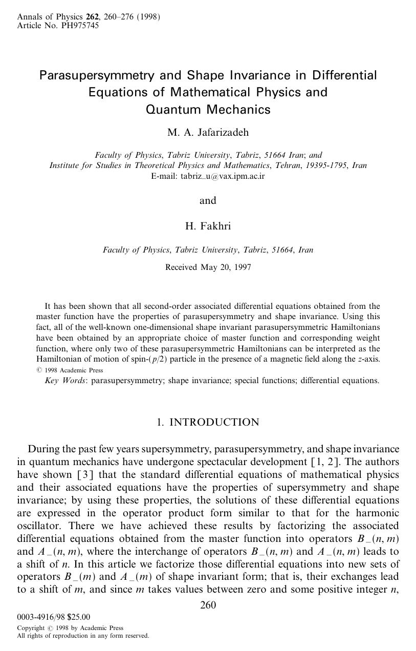 Parasupersymmetry and Shape Invariance in Differential Equations of Mathematical Physics and Quantum Mechanics by Jafarizadeh M. A. et al