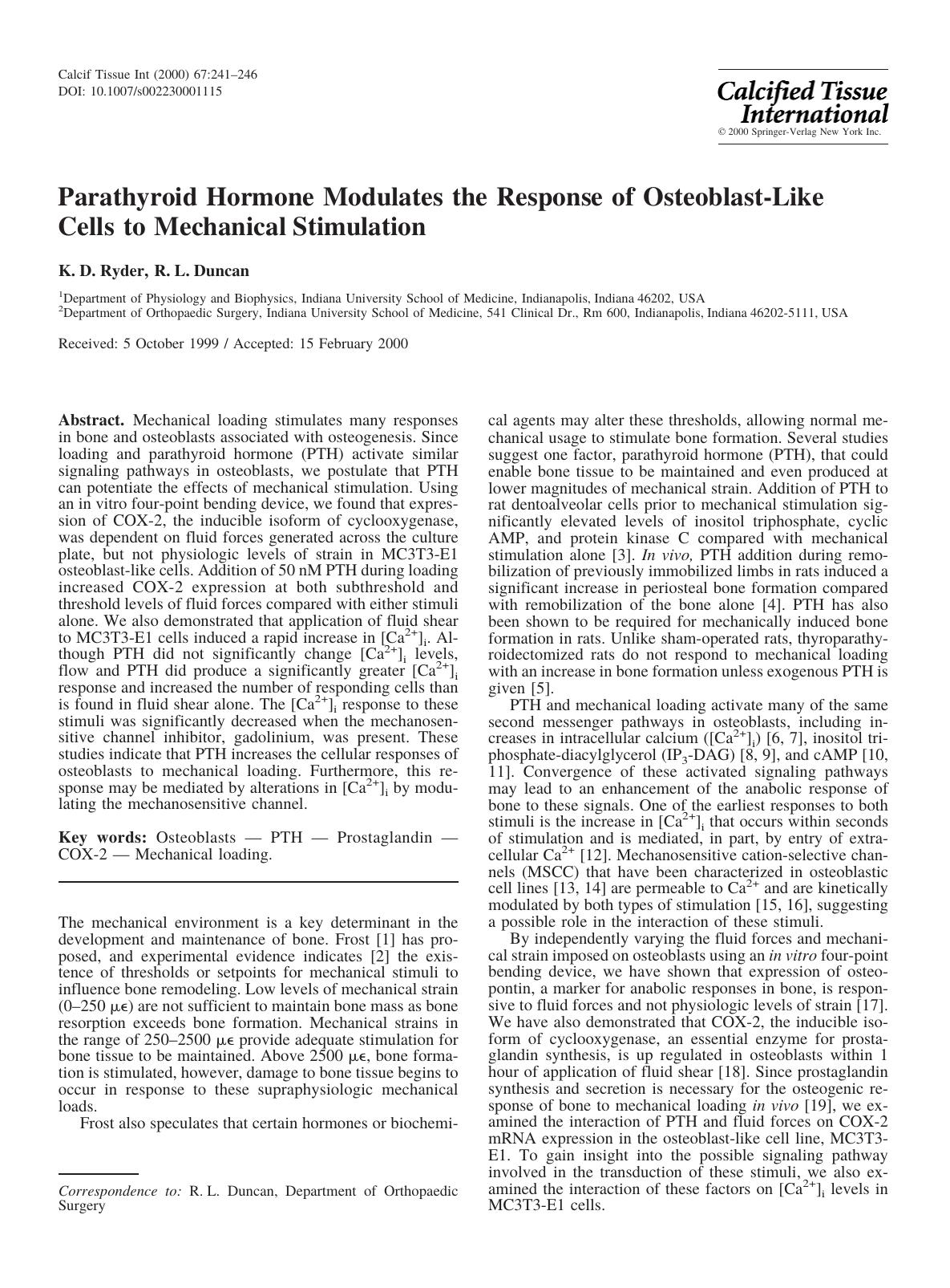 Parathyroid Hormone Modulates the Response of Osteoblast-Like Cells to Mechanical Stimulation by Ryder K. et al