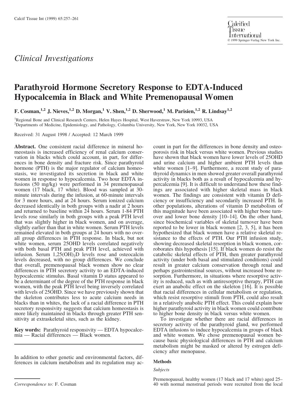 Parathyroid Hormone Secretory Response to EDTA-Induced Hypocalcemia in Black and White Premenopausal Women by Cosman F. et al