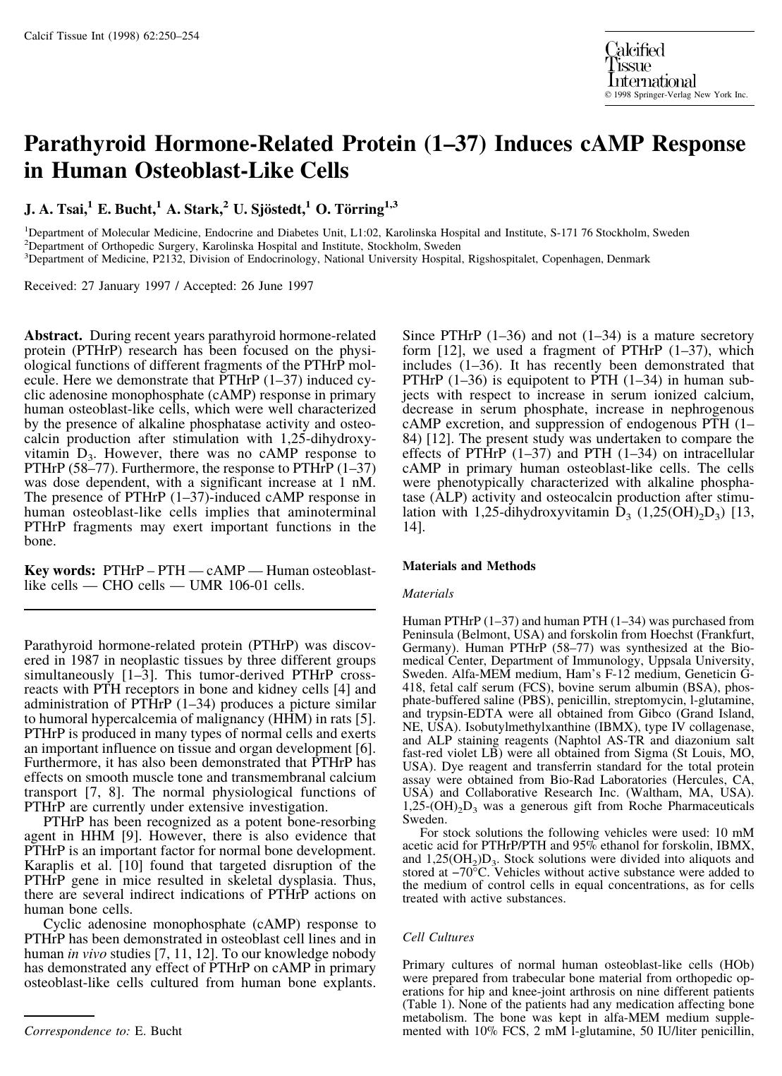 Parathyroid Hormone-Related Protein (1-37) Induces cAMP Response in Human Osteoblast-Like Cells by Tsai J. et al