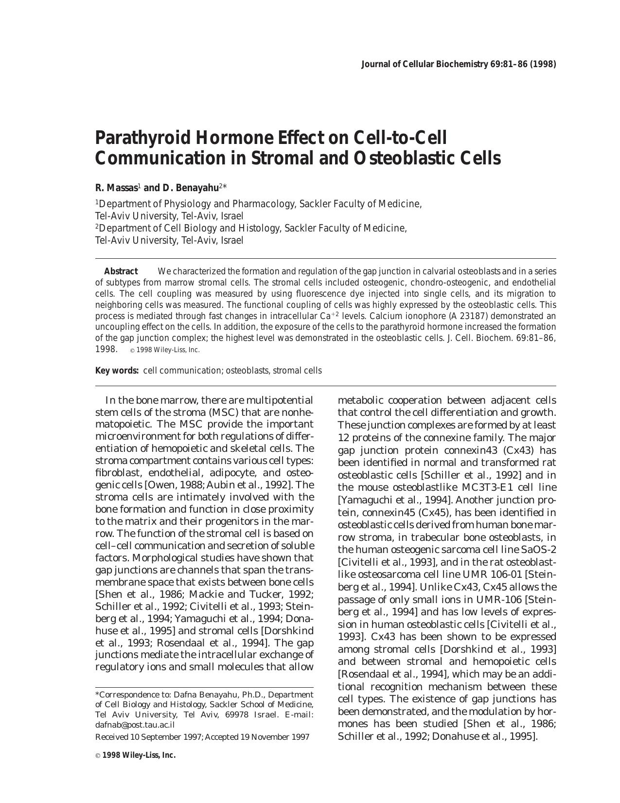Parathyroid hormone effect on cell-to-cell communication in stromal and osteoblastic cells by Unknown