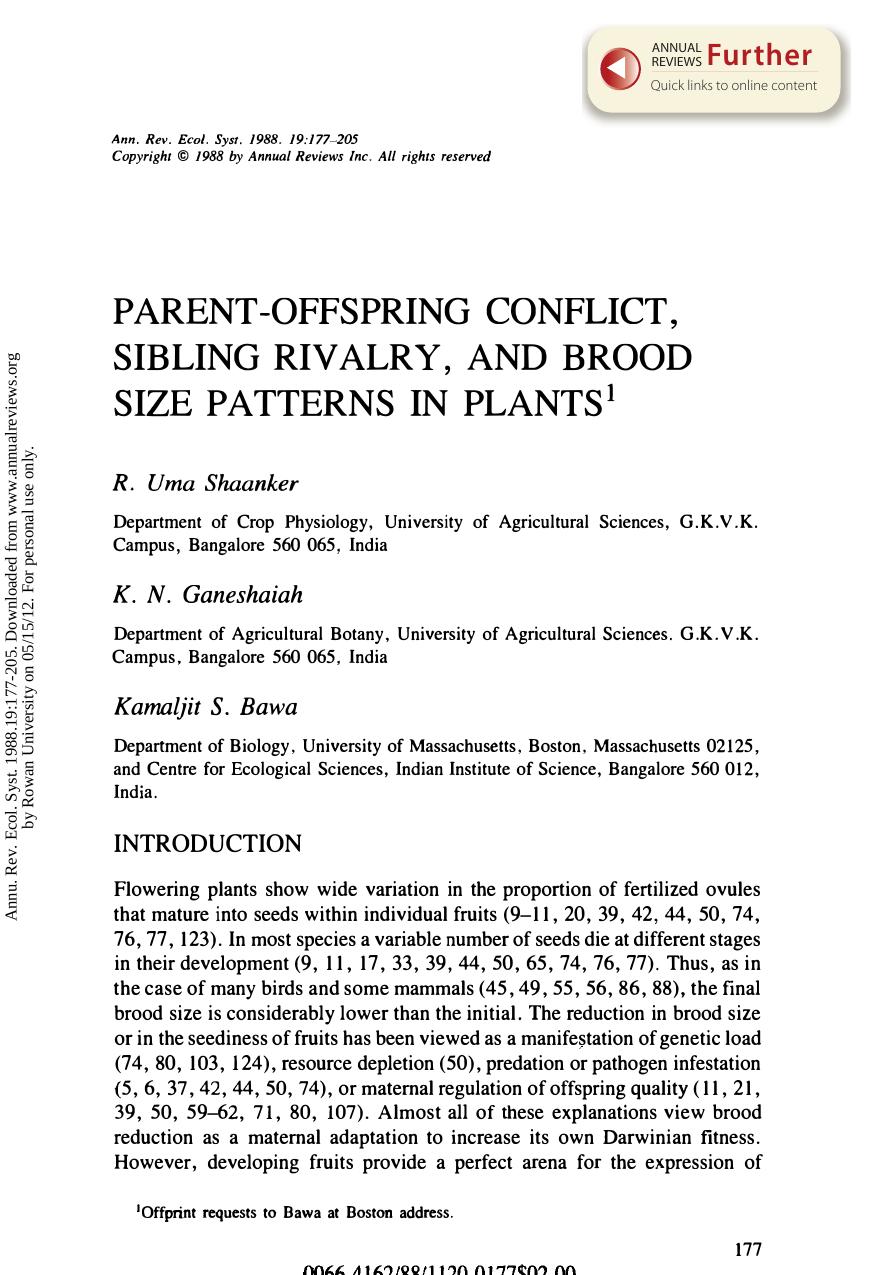 Parent-Offspring Conflict, Sibling Rivalry, and Brood Size Patterns in Plants by R U Shaanker K N Ganeshaiah and & K S Bawa