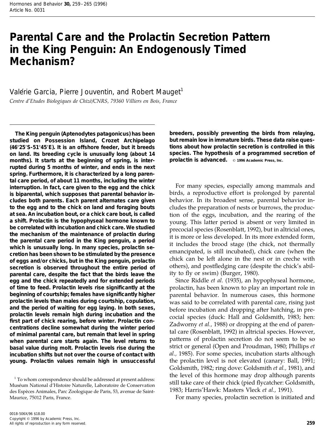 Parental Care and the Prolactin Secretion Pattern in the King Penguin: An Endogenously Timed Mechanism? by Garcia V. et al