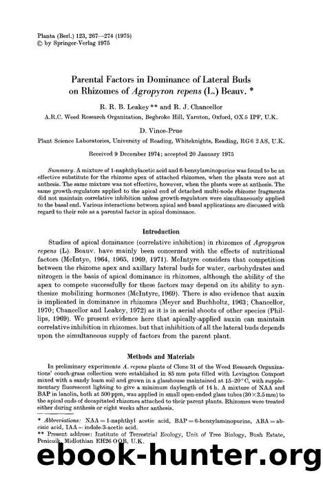 Parental factors in dominance of lateral buds on rhizomes of <Emphasis Type="Italic">Agropyron repens<Emphasis> (L.) beauv. by Unknown