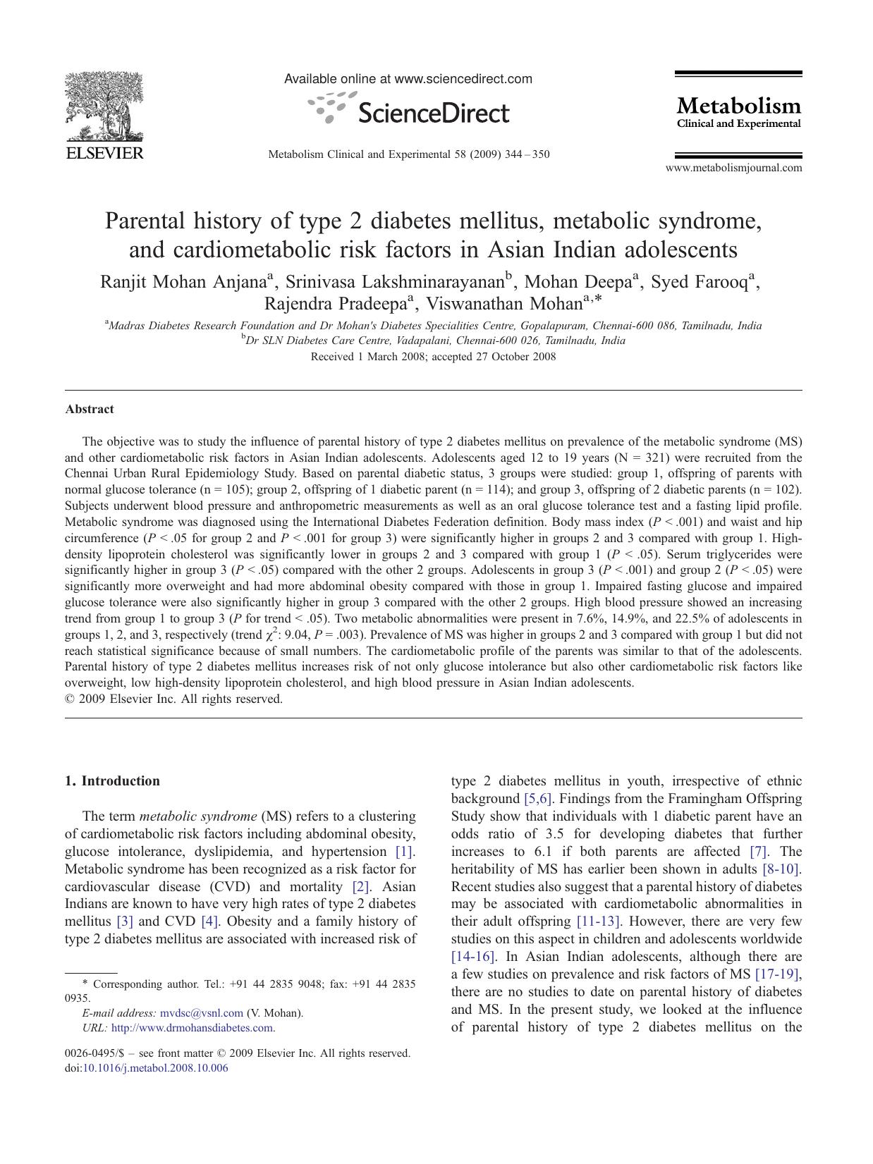 Parental history of type 2 diabetes mellitus, metabolic syndrome, and cardiometabolic risk factors in Asian Indian adolescents by unknow