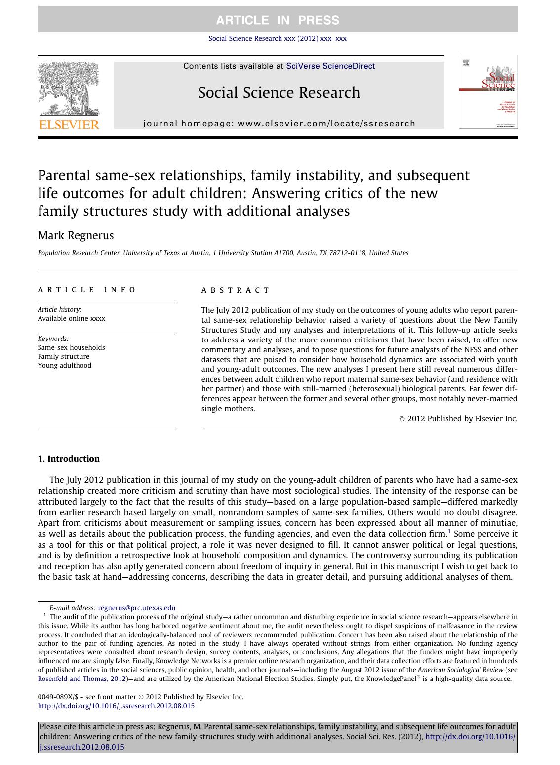 Parental same-sex relationships, family instability, and subsequent life outcomes for adult children: Answering critics of the new family structures study with additional analyses by Mark Regnerus