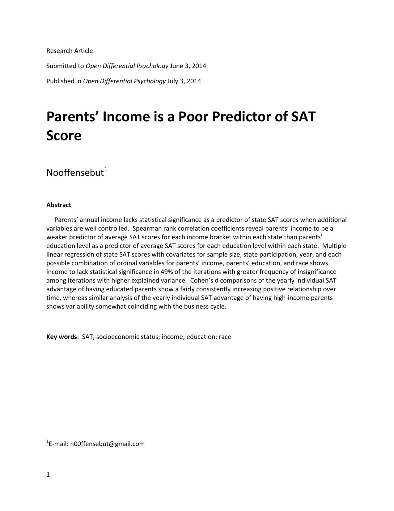 Parentsâ Income is a Poor Predictor of SAT Score (2014) by nooffensebut by Owner