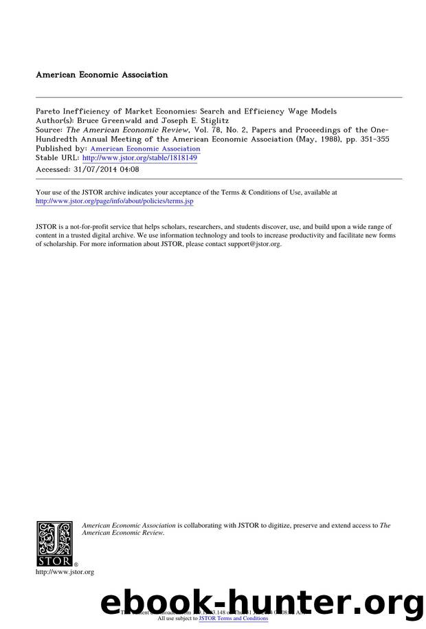 Pareto Inefficiency of Market Economies: Search and Efficiency Wage Models by Pareto Inefficiency of Market Economies Search & Efficiency Wage Models