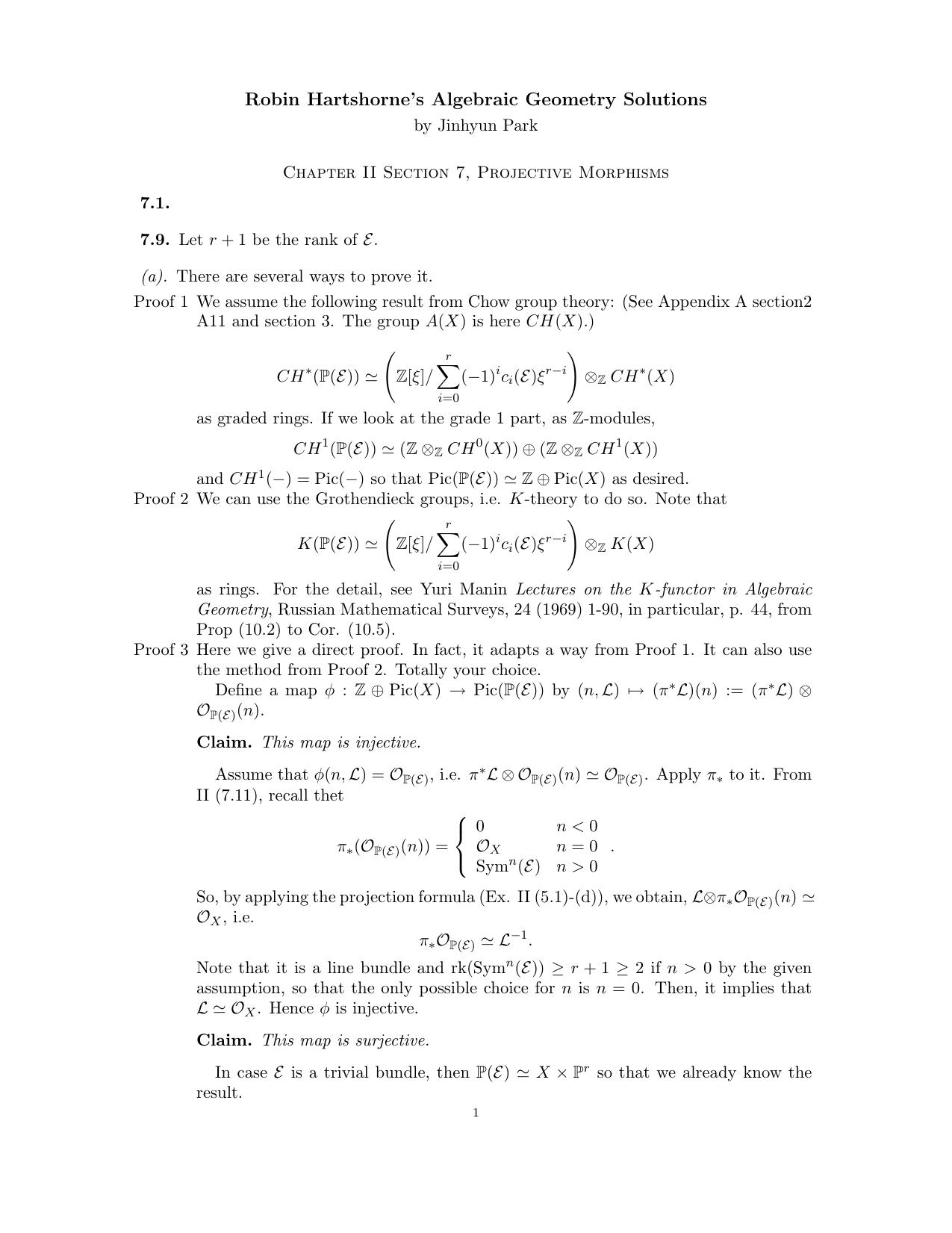 Park J. by Robin Hartshorne's Algebraic Geometry Solutions. Chapter II Section 7 Projective Morphisms(2)