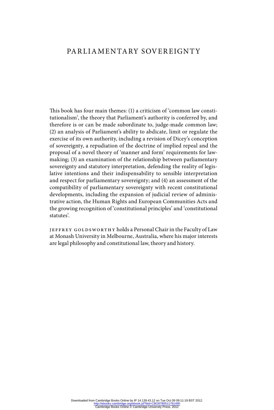 Parliamentary Sovereignty: Contemporary Debates by Jeffrey Goldsworthy