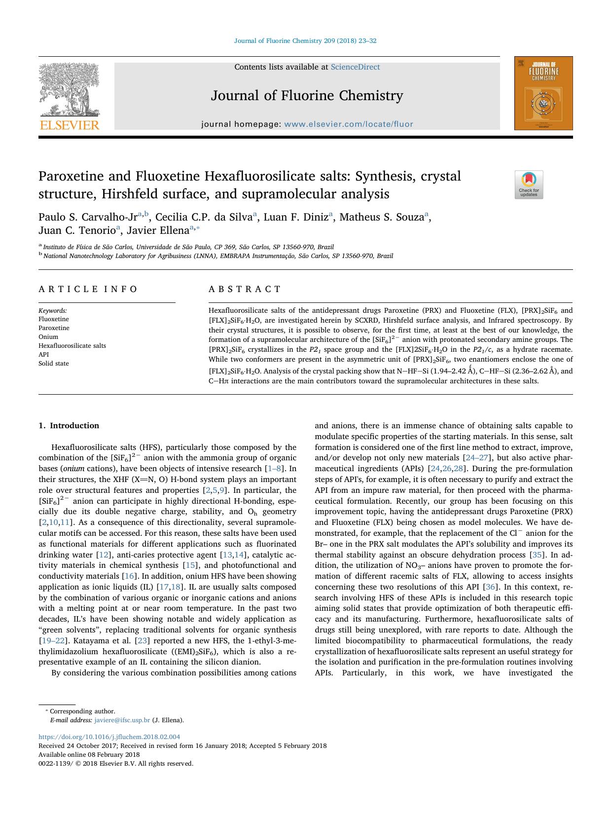 Paroxetine and Fluoxetine Hexafluorosilicate salts_ Synthesis, crystal structure, Hirshfeld surface, and supramolecular analysis by unknow