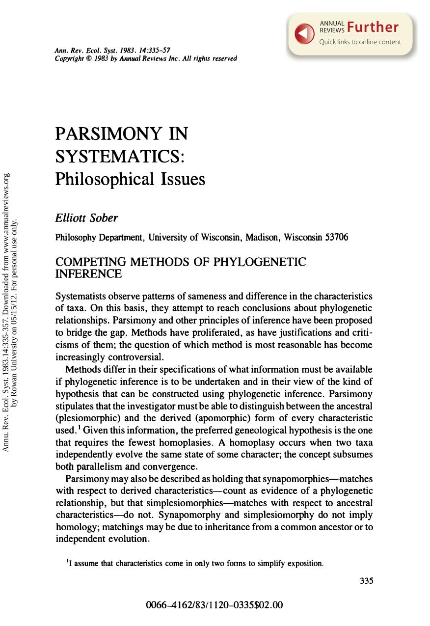 Parsimony in Systematics: Philosophical Issues by E Sober