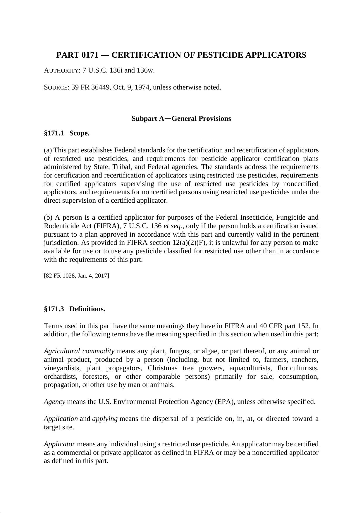 Part 40 - Title 171 - Certification of Pesticide Applicators by Regs4Ships - 21/06/2018