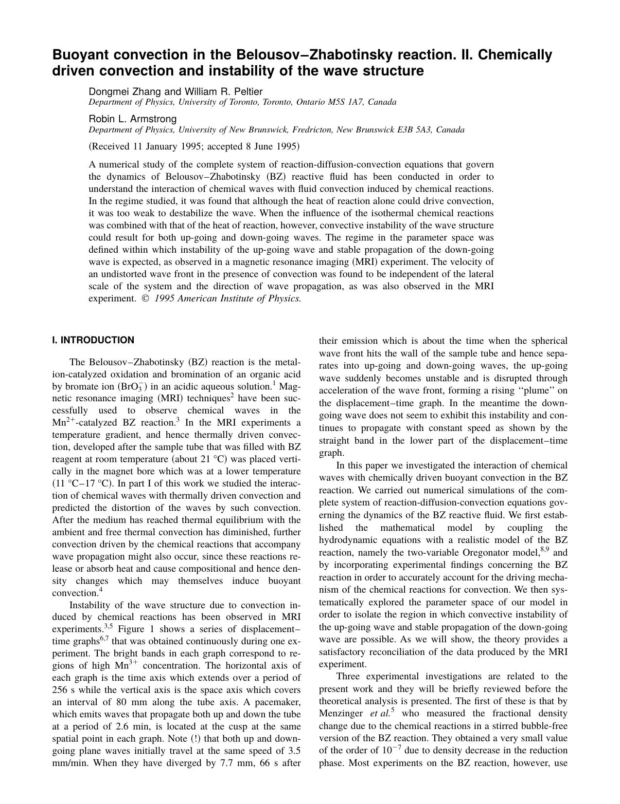 Part II. Buoyant convection in the Belousov-Zhabotinsky reaction. Chemically driven convection and instability of the wave structure by Dongmei Zhang and William R. Peltier & Robin L. Armstrong