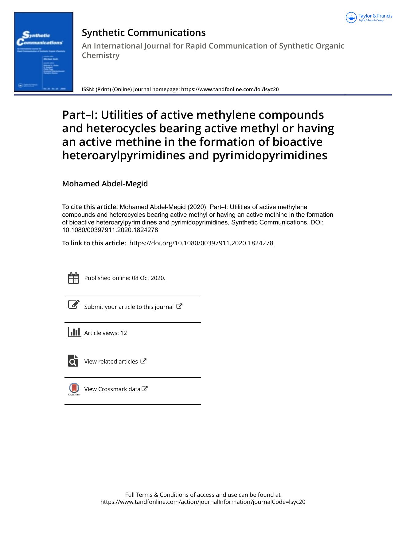 PartâI: Utilities of active methylene compounds and heterocycles bearing active methyl or having an by Unknown