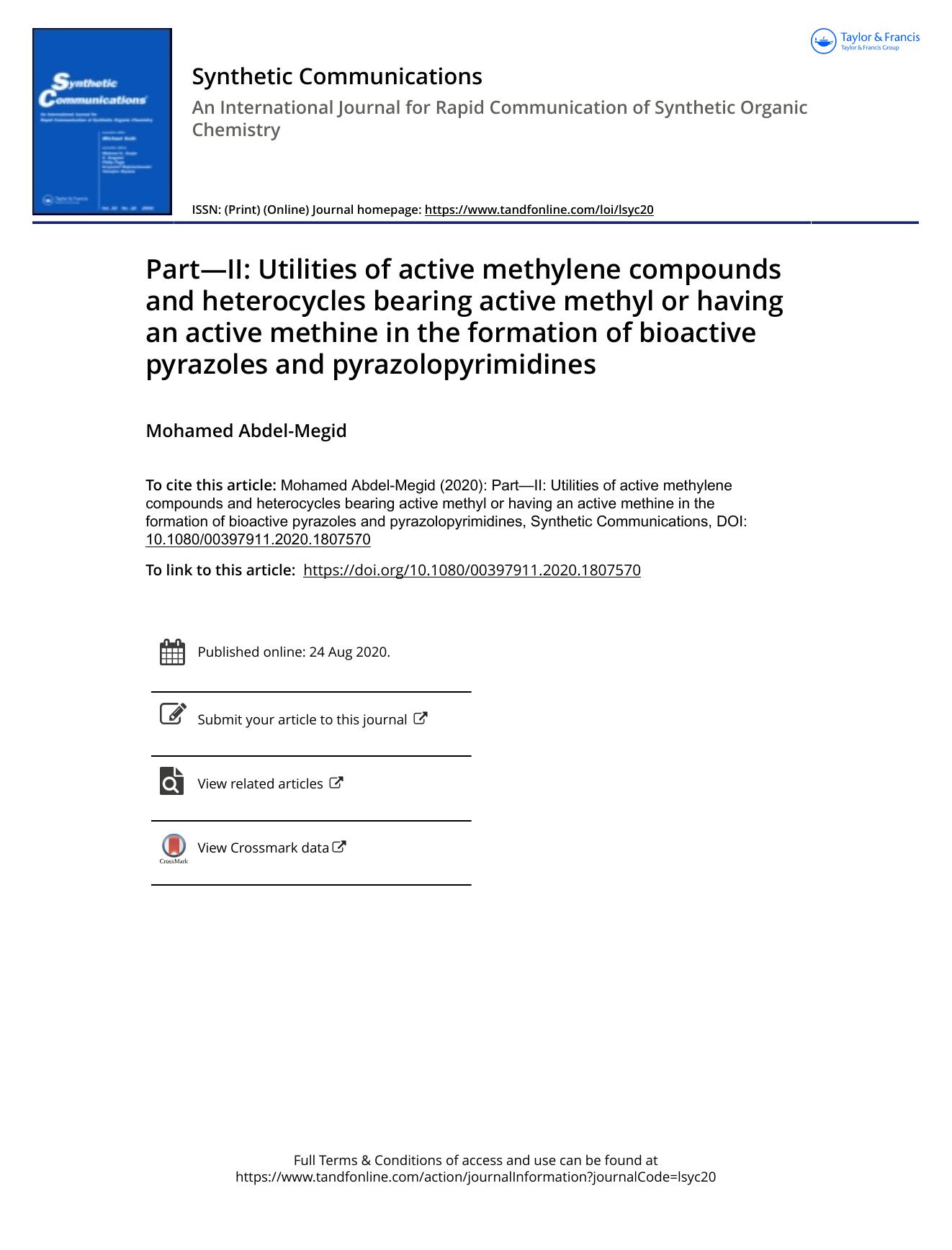 PartâII: Utilities of active methylene compounds and heterocycles bearing active methyl or having an by Unknown