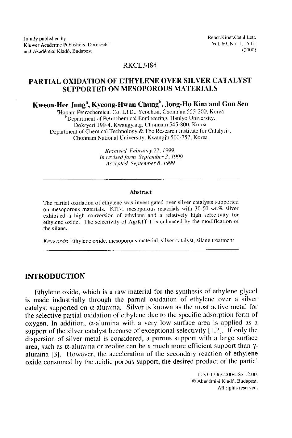 Partial Oxidation of Ethylene Over Silver Catalyst Supported on Mesoporous Materials by Unknown