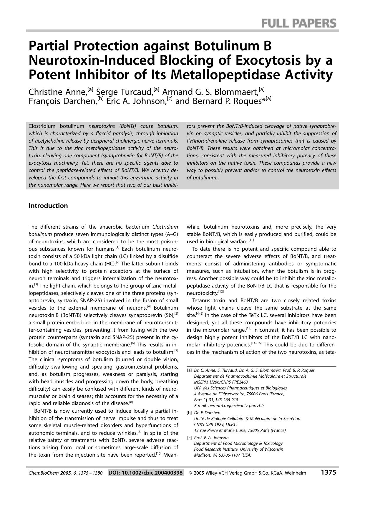 Partial Protection against Botulinum B Neurotoxin-Induced Blocking of Exocytosis by a Potent Inhibitor of Its Metallopeptidase Activity by Unknown