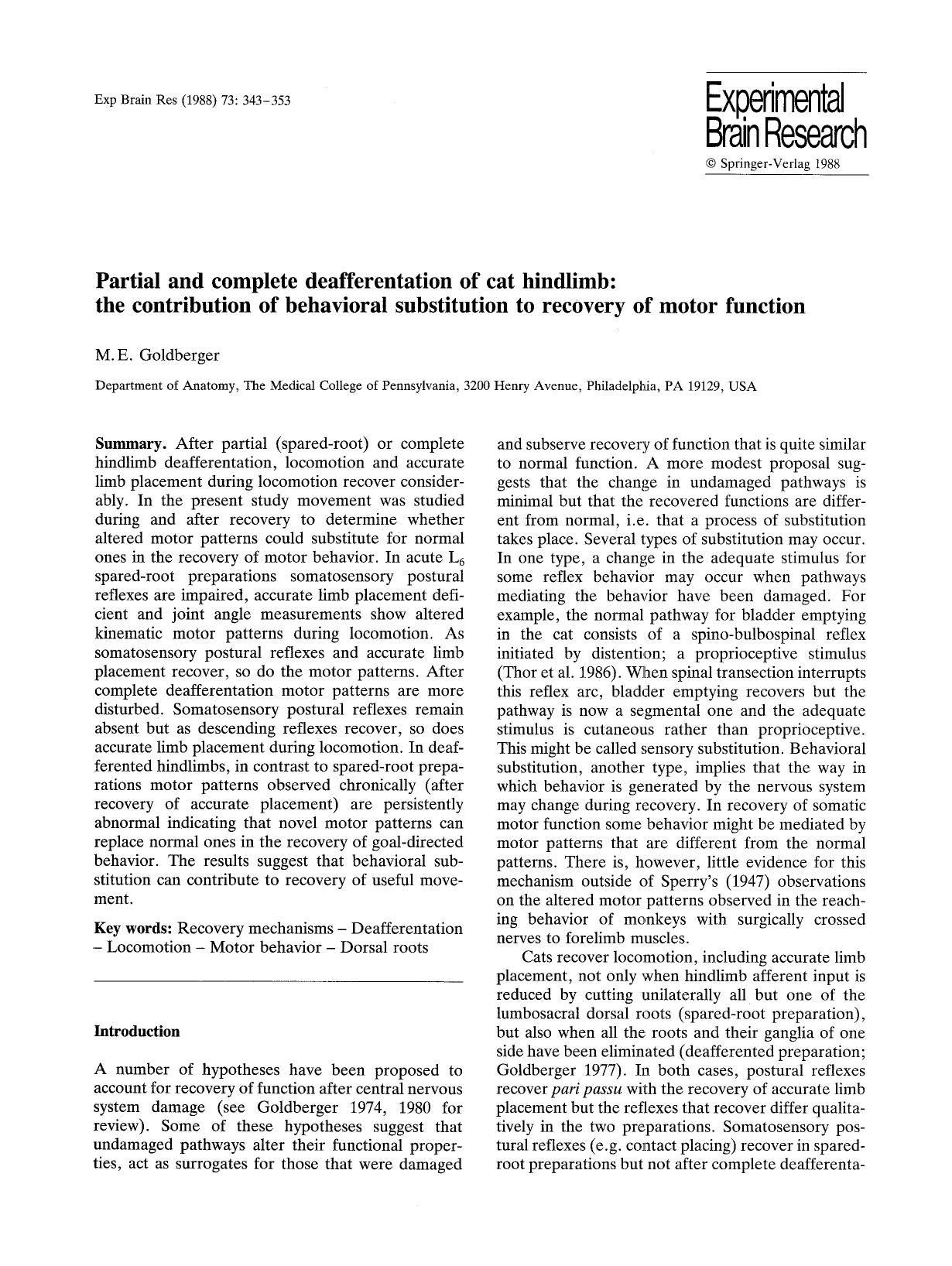 Partial and complete deafferentation of cat hindlimb: the contribution of behavioral substitution to recovery of motor function by Unknown