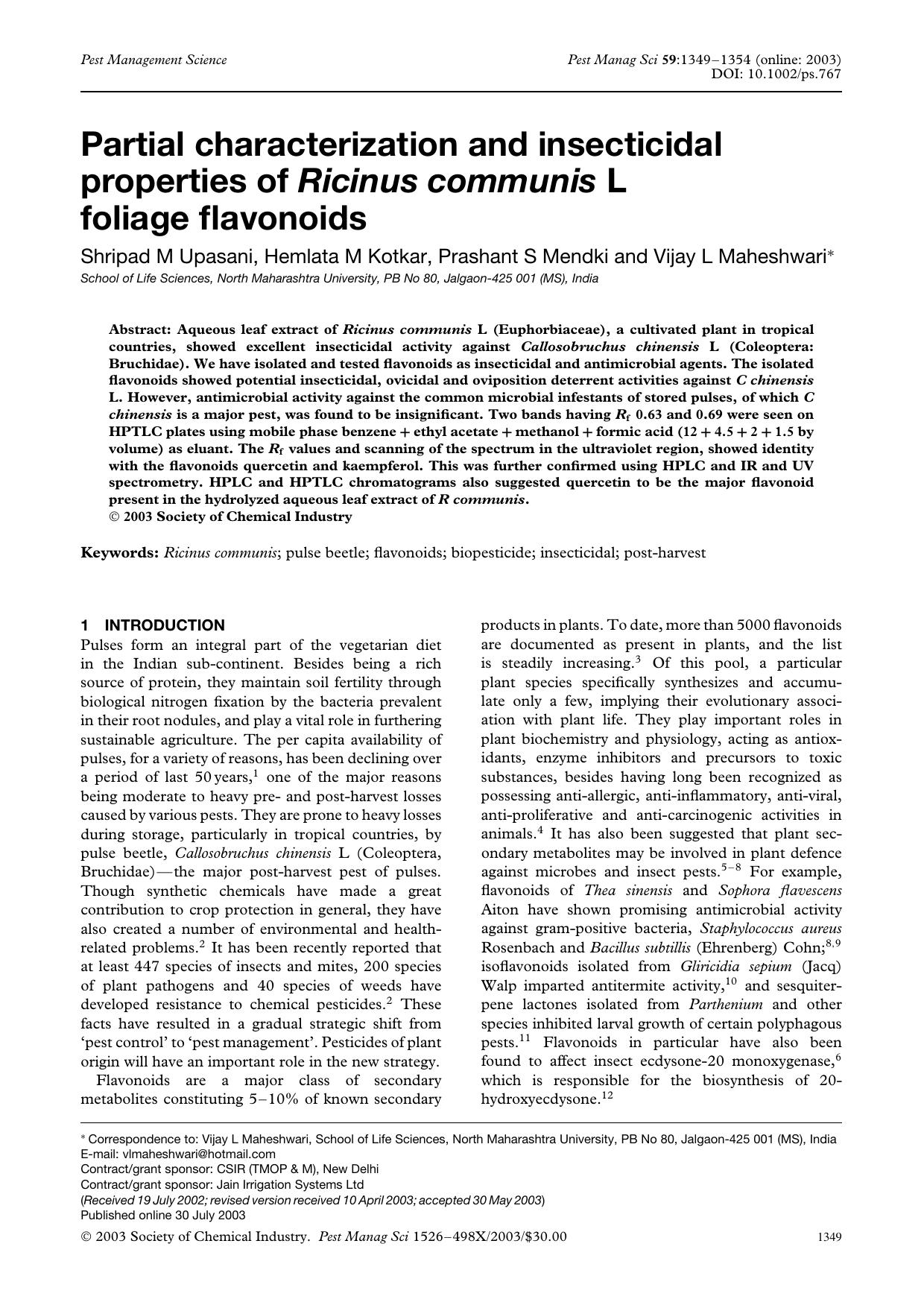 Partial characterization and insecticidal properties of Ricinus communis L foliage flavonoids by Unknown