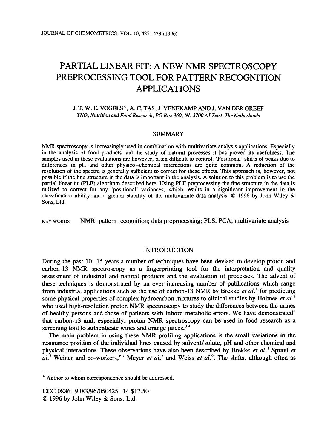 Partial linear fit: A new NMR spectroscopy preprocessing tool for pattern recognition applications by Unknown