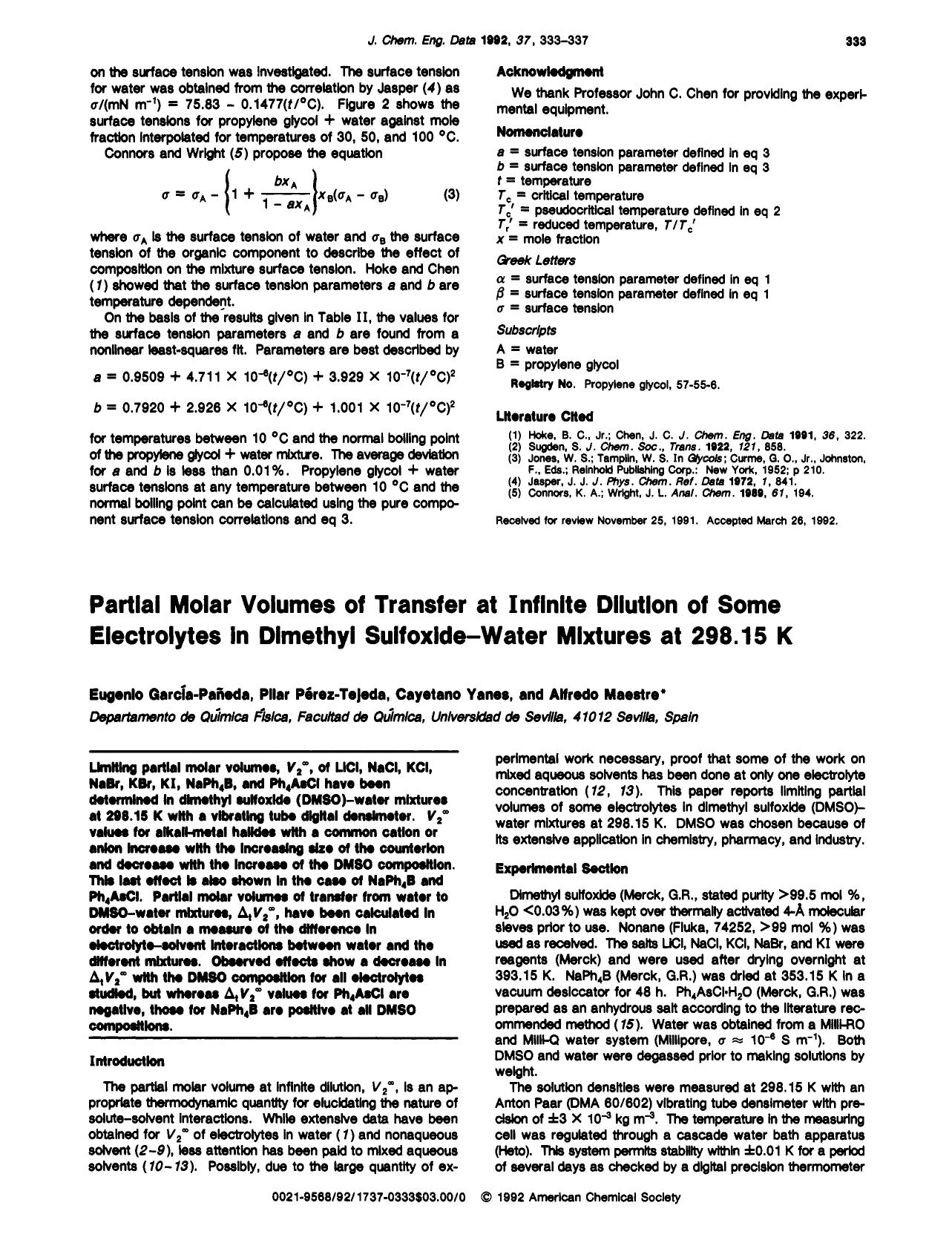 Partial molar volumes of transfer at infinite dilution of some electrolytes in dimethylsulfoxide-water mixtures at 298.15 K by Eugenio Garcia-Paneda Pilar Perez-Tejeda Cayetano Yanes Alfredo Maestre