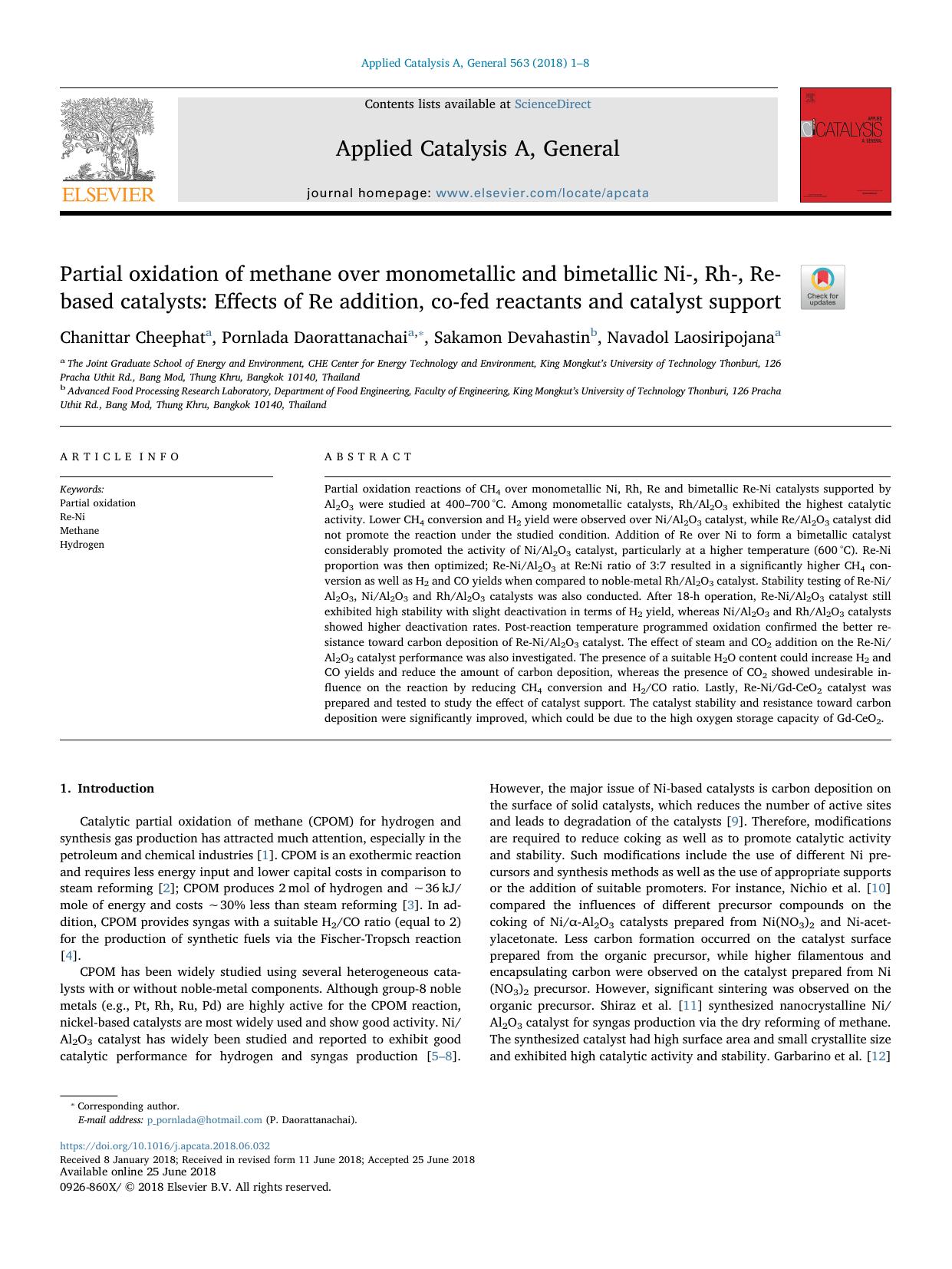 Partial oxidation of methane over monometallic and bimetallic Ni-, Rh-, Re-based catalysts_ Effects of Re addition, co-fed reactants and catalyst support by Chanittar Cheephat & Pornlada Daorattanachai & Sakamon Devahastin & Navadol Laosiripojana