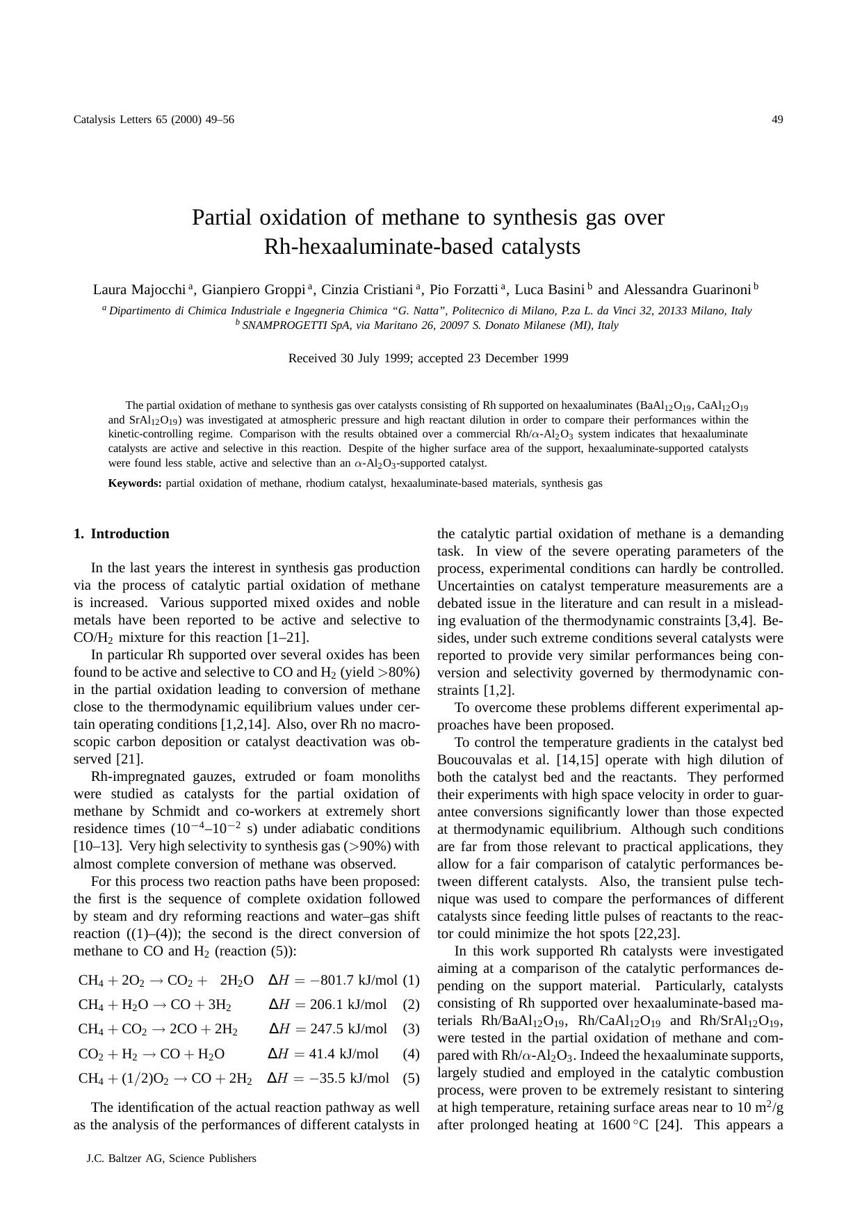 Partial oxidation of methane to synthesis gas over Rh-hexaaluminate-based catalysts by Unknown