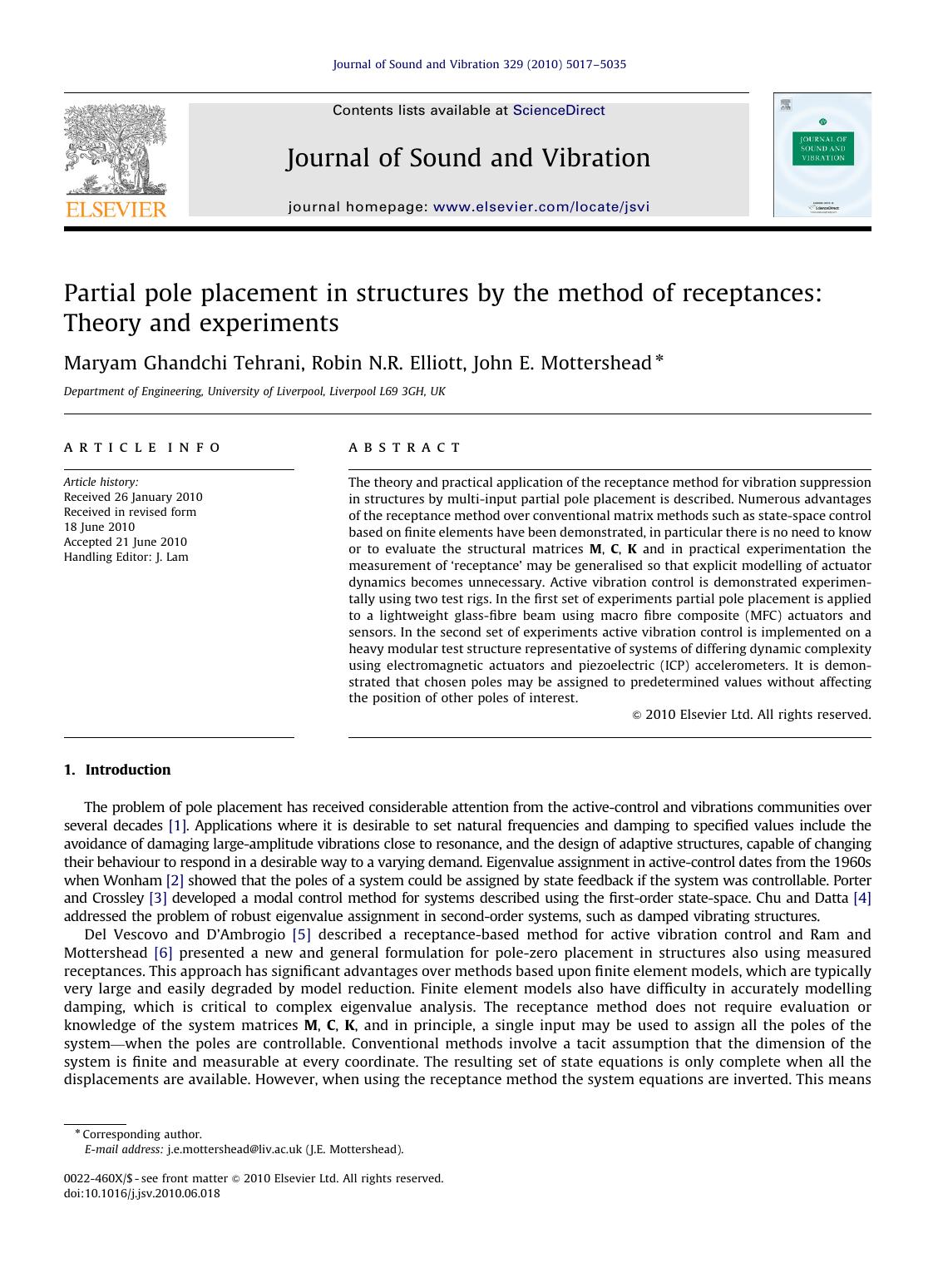 Partial pole placement in structures by the method of receptances Theory and experiments by Maryam Ghandchi Tehrani & Robin N.R. Elliott & John E. Mottershead