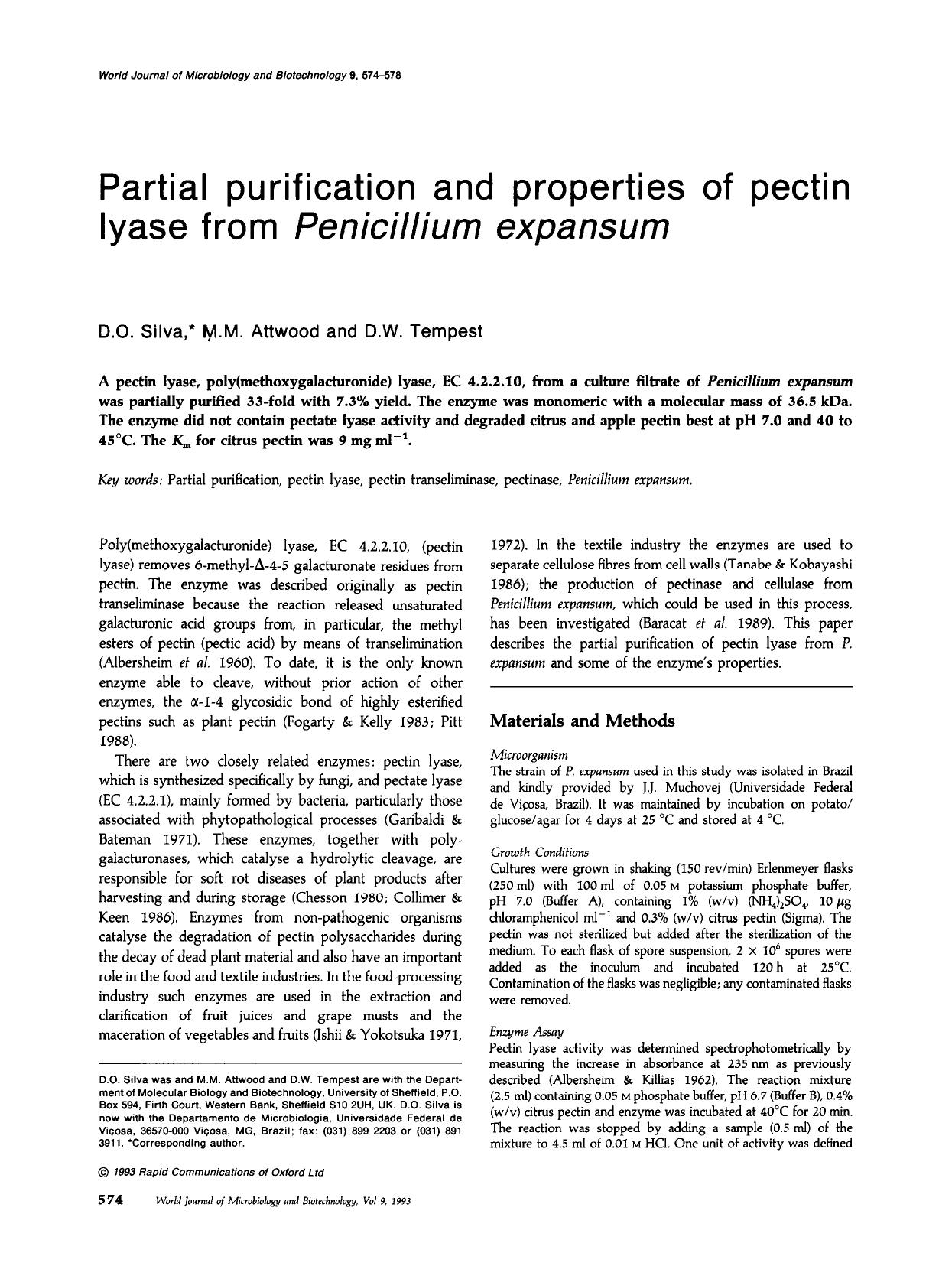 Partial purification and properties of pectin lyase from <Emphasis Type="Italic">Penicillium expansum<Emphasis> by Unknown