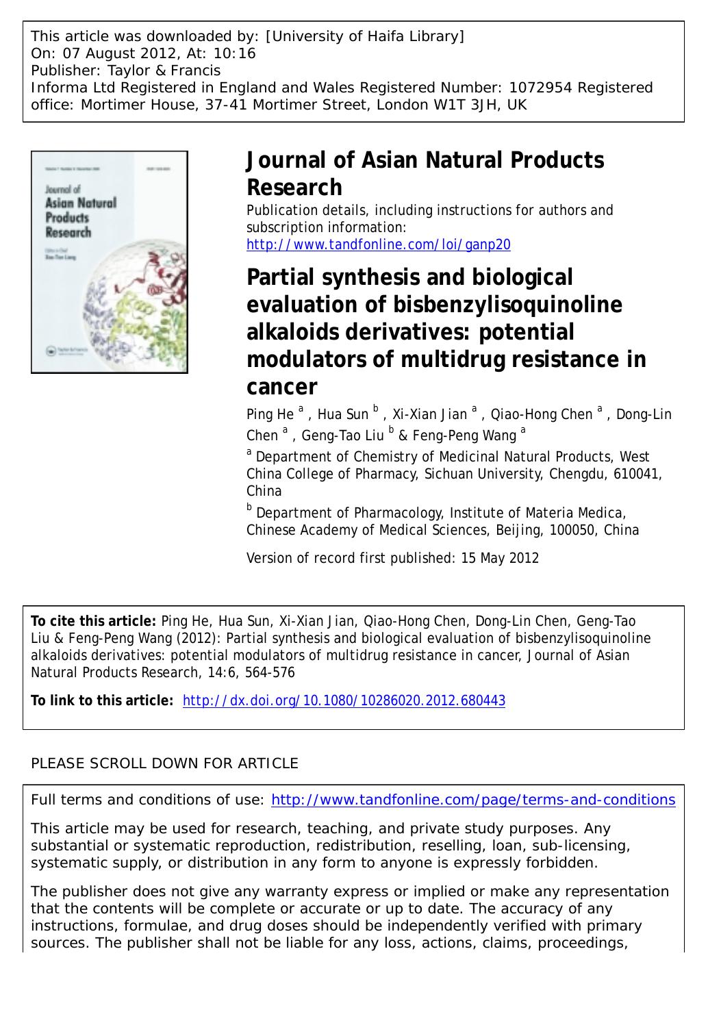 Partial synthesis and biological evaluation of bisbenzylisoquinoline alkaloids derivatives: potential modulators of multidrug resistance in cancer by unknow