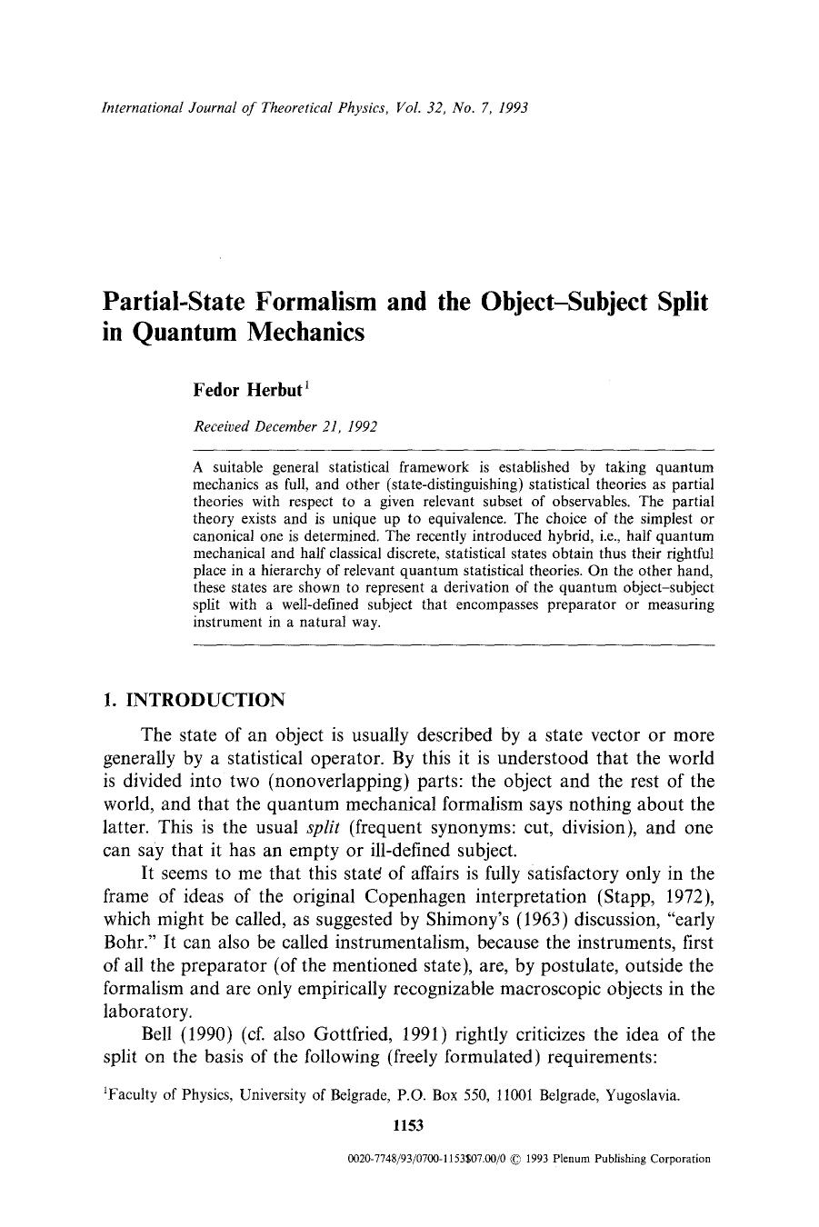 Partial-state formalism and the object-subject split in quantum mechanics by Unknown