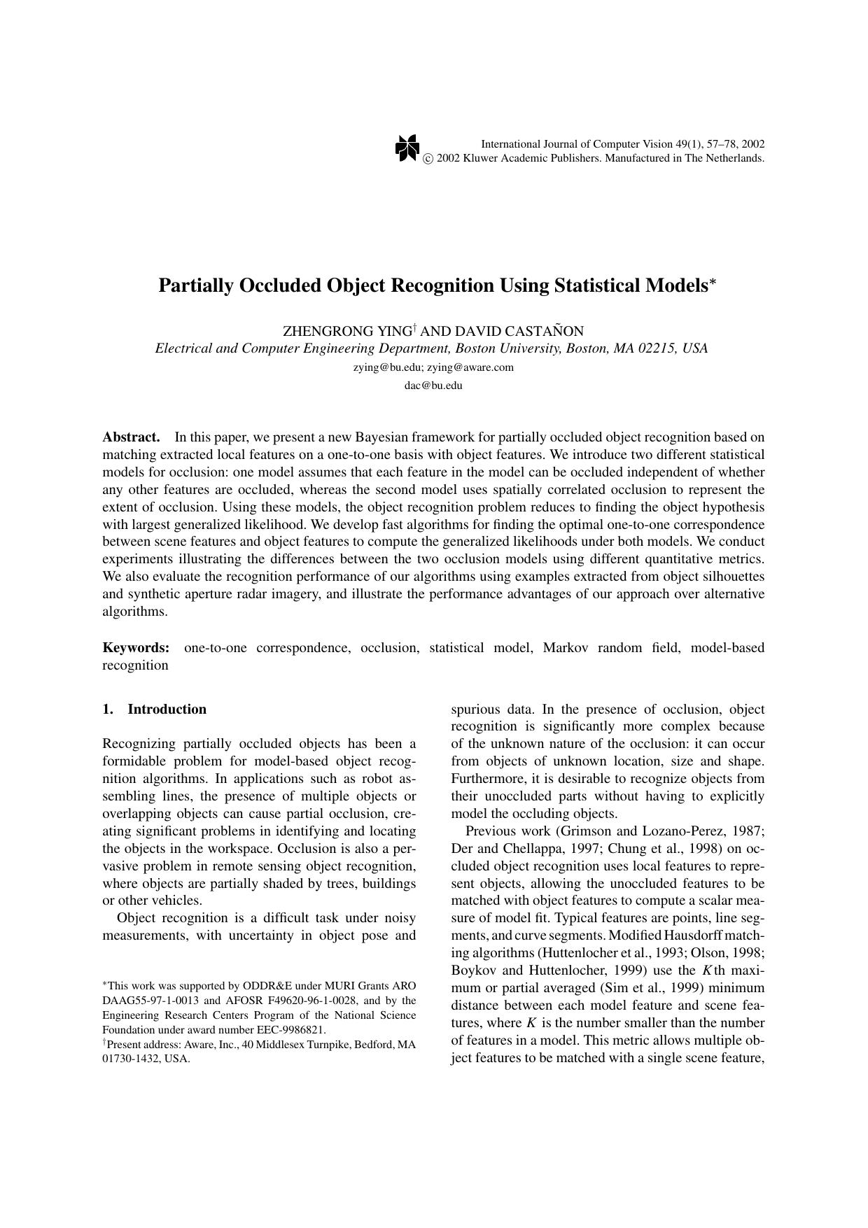 Partially Occluded Object Recognition Using Statistical Models by Partially Occluded Object Recognition Using Statistical Models