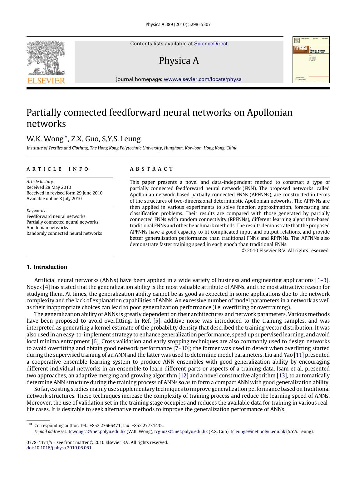 Partially connected feedforward neural networks on Apollonian networks by W.K. Wong; Z.X. Guo; S.Y.S. Leung