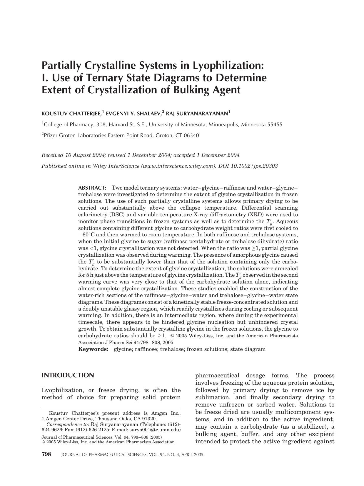 Partially crystalline systems in lyophilization: I. Use of ternary state diagrams to determine extent of crystallization of bulking agent by Unknown