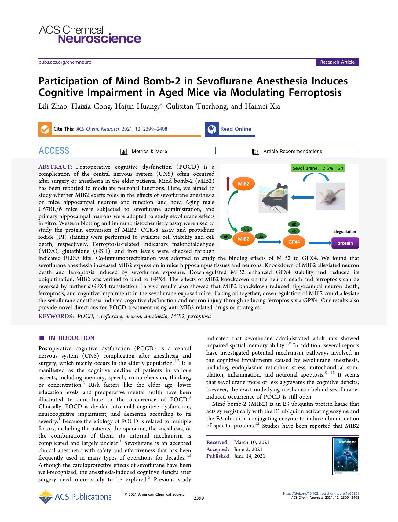 Participation of Mind Bomb-2 in Sevoflurane Anesthesia Induces Cognitive Impairment in Aged Mice via Modulating Ferroptosis by Lili Zhao Haixia Gong Haijin Huang Gulisitan Tuerhong and Haimei Xia