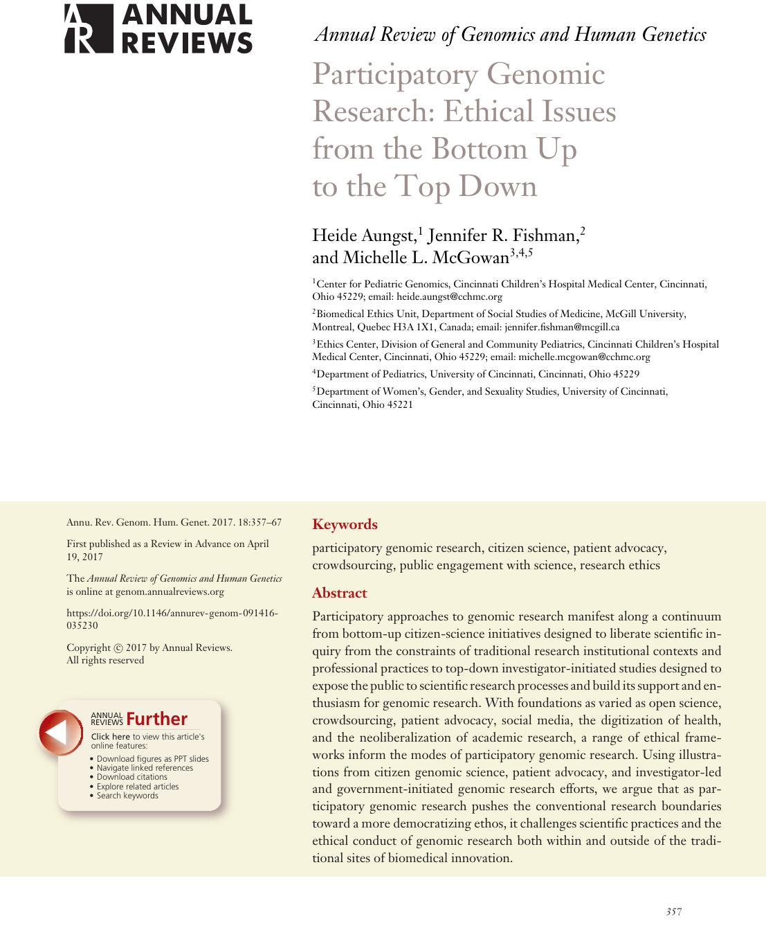 Participatory Genomic Research: Ethical Issues from the Bottom Up to the Top Down by Heide Aungst Jennifer R. Fishman Michelle L. McGowan