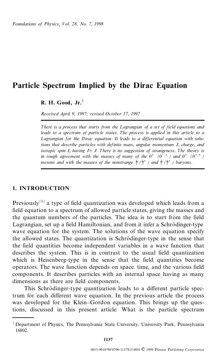Particle Spectrum Implied by the Dirac Equation by Unknown