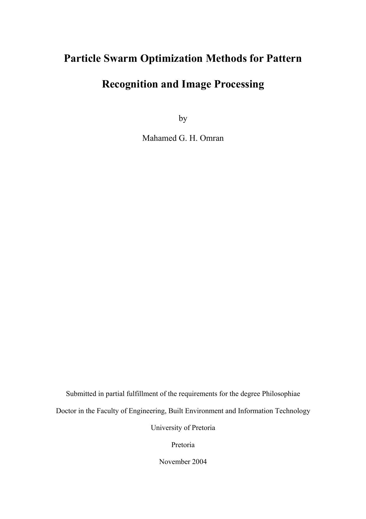 Particle Swarm Optimization Methods for Pattern Recognition and Image Processing by Omran M. G. H