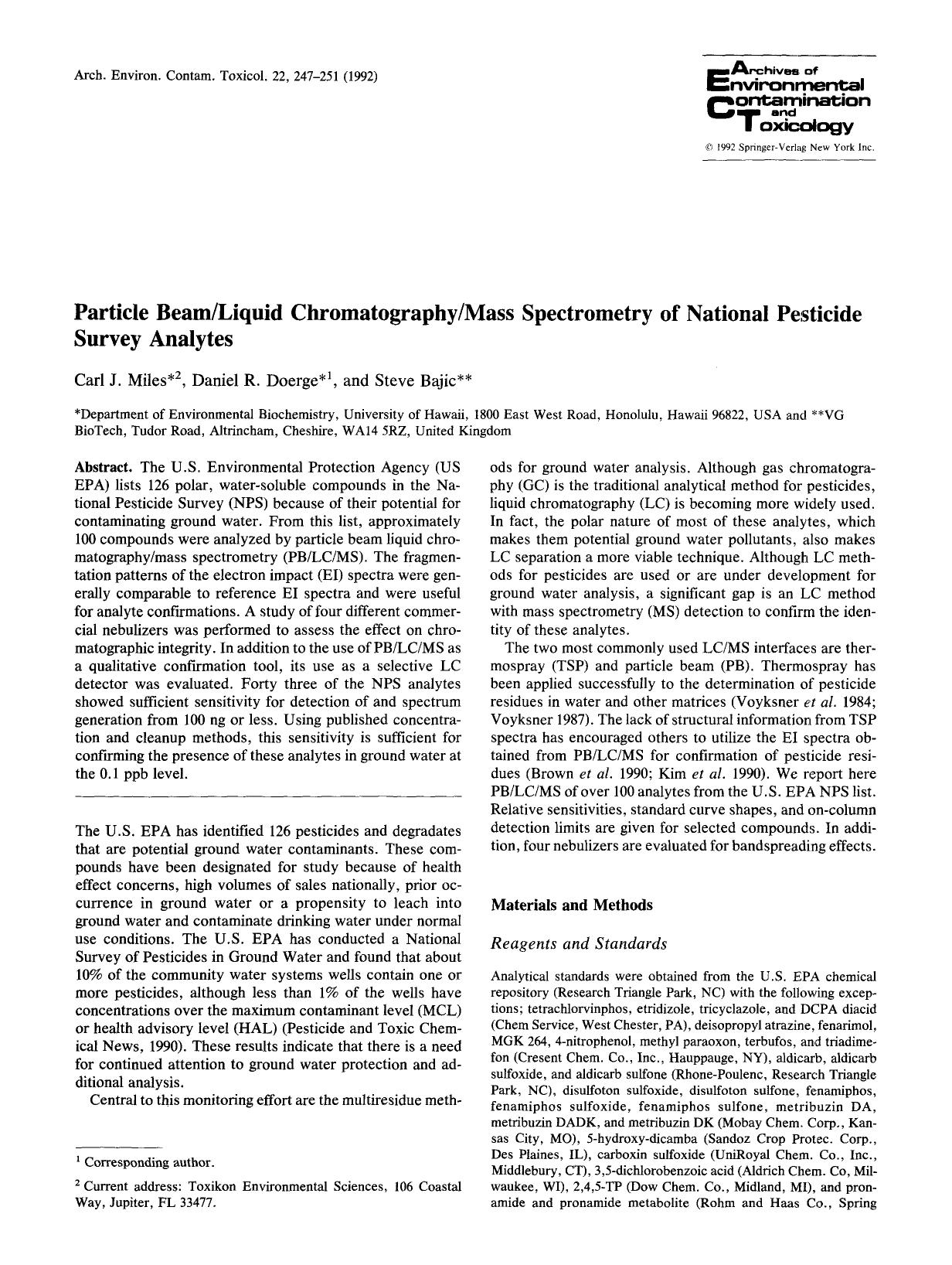 Particle beamliquid chromatographymass spectrometry of national pesticide survey analytes by Unknown