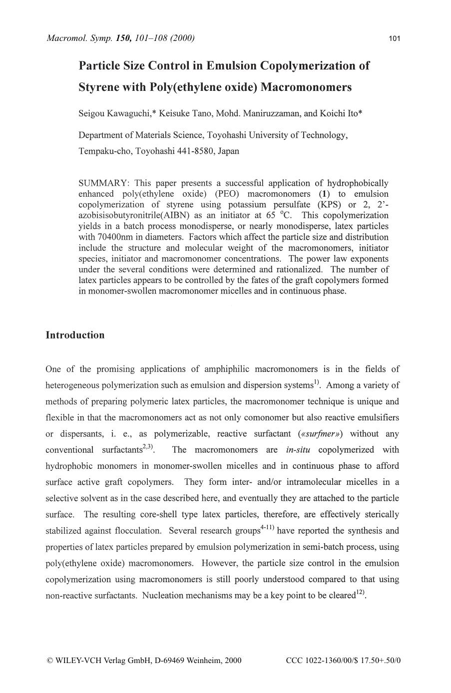 Particle size control in emulsion copolymerization of styrene with poly(ethylene oxide) macromonomers by SOD