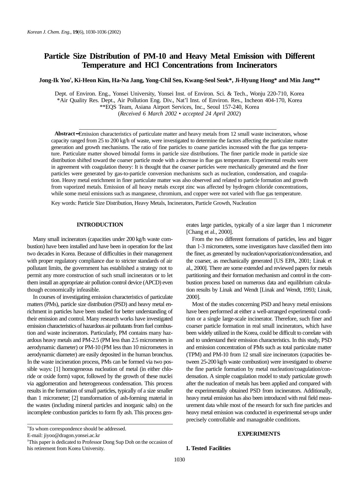 Particle size distribution of PM-10 and heavy metal emission with different temperature and HCl concentrations from incinerators by Unknown