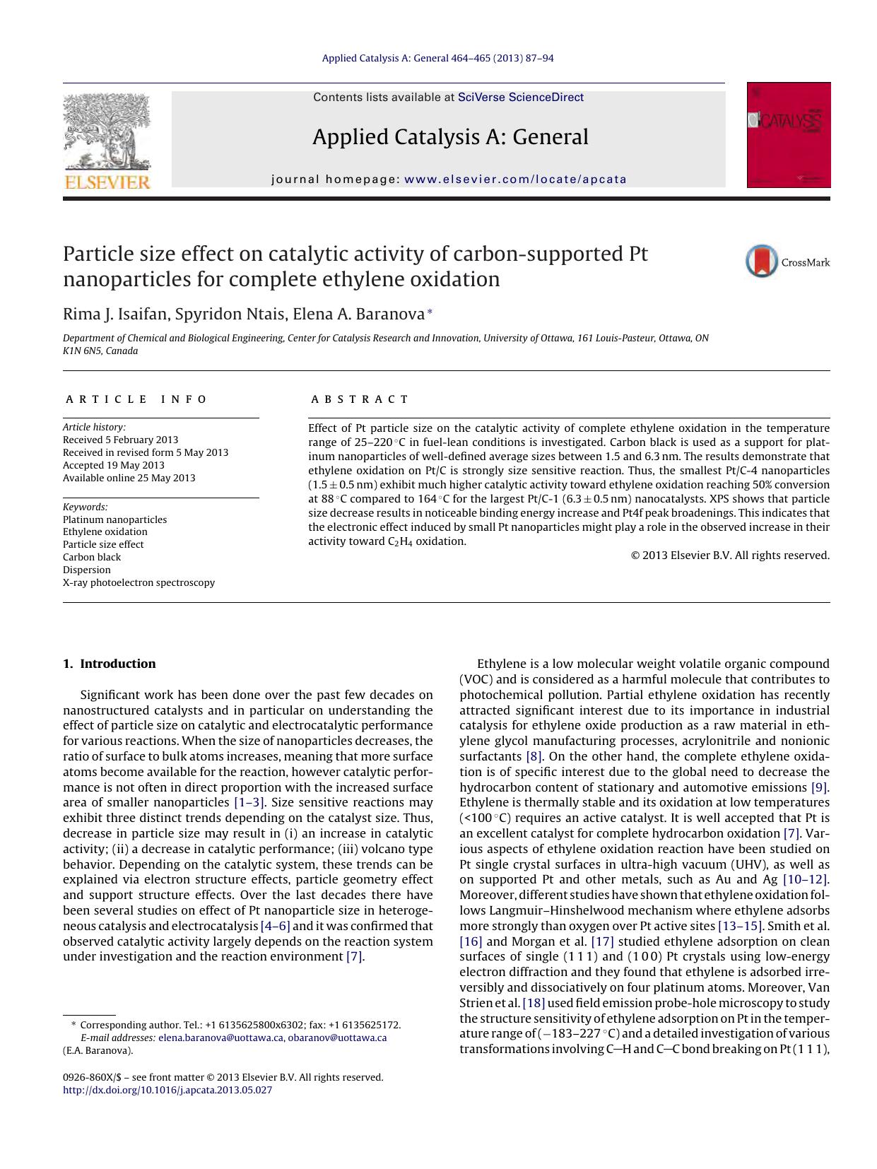 Particle size effect on catalytic activity of carbon-supported Pt nanoparticles for complete ethylene oxidation by Rima J. Isaifan & Spyridon Ntais & Elena A. Baranova