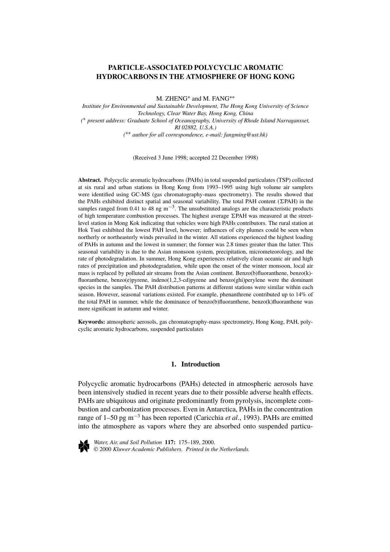 Particle-associated Polycyclic Aromatic Hydrocarbons in the Atmosphere of Hong Kong by Unknown